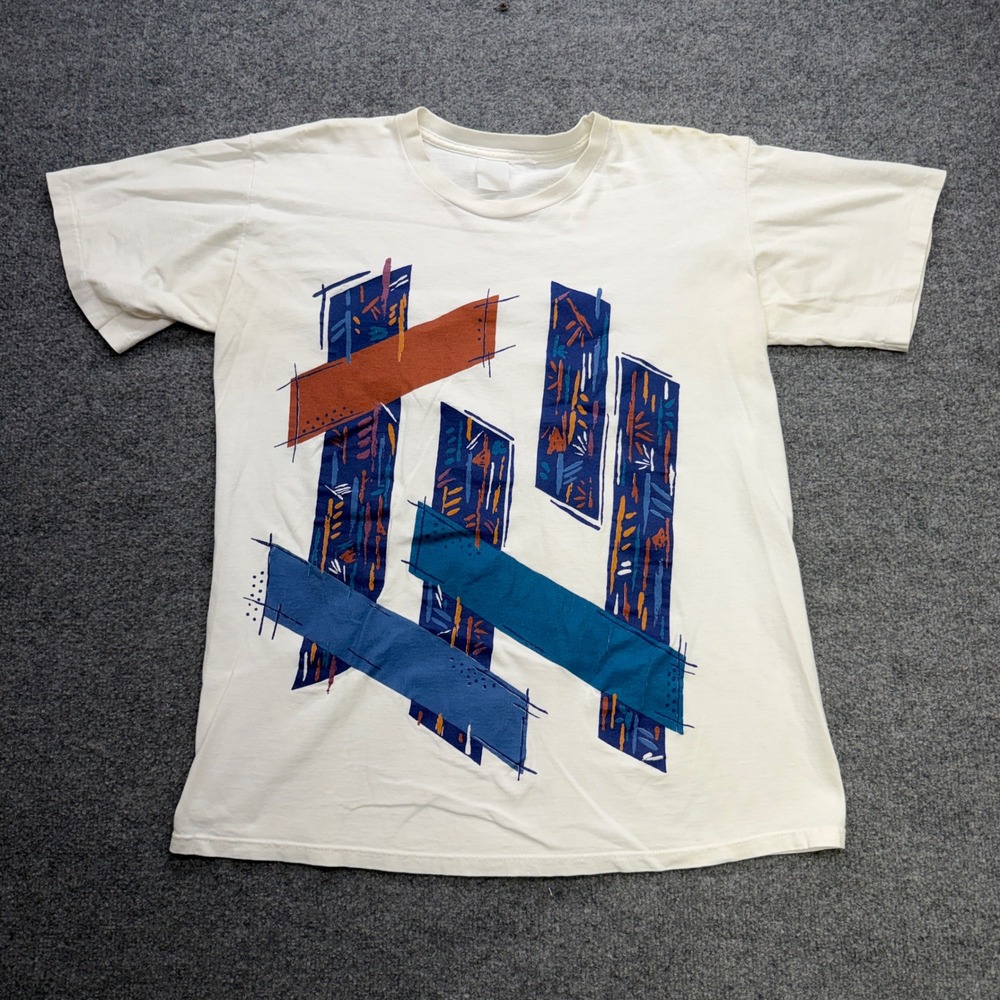 Vintage 90s‎ Abstract Geometric Graphic T-Shirt Mens White Single Stitch Retro